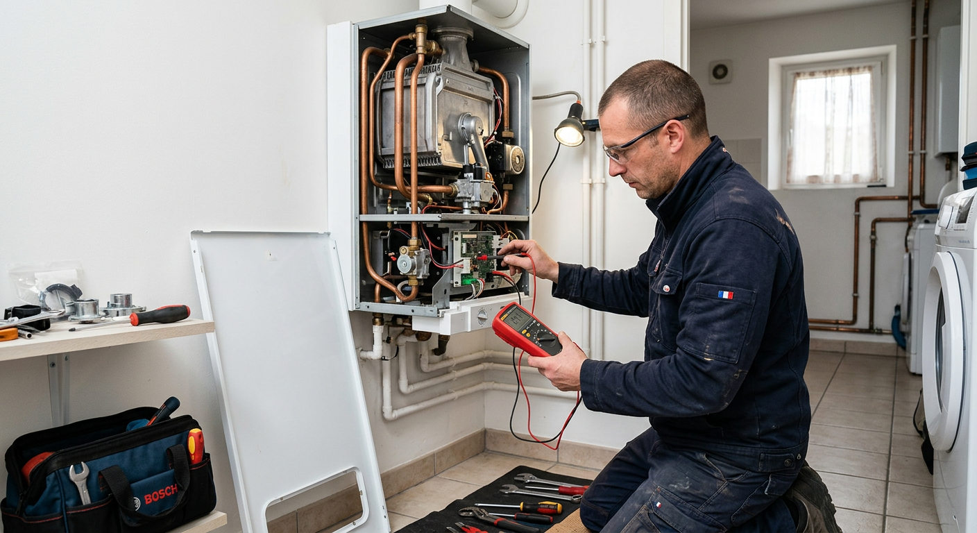 Chauffagiste réparant une chaudière gaz murale à Villejuif 94