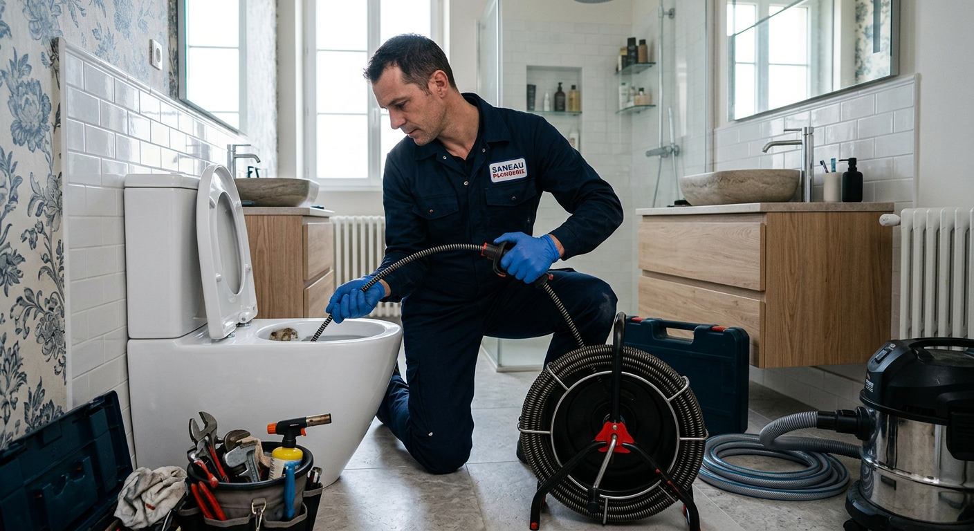 Plombier débouchant des WC avec un furet électrique à Villejuif 94